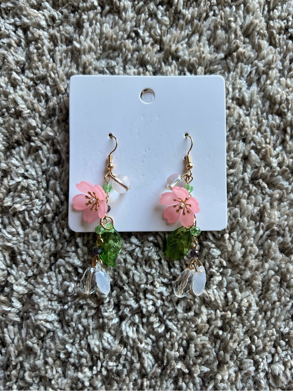 Pink Floral Dangle Earrings with Green Leaf Accents